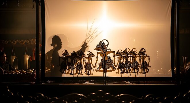 Traditional Indonesian Wayang Kulit shadow puppet performance with a dalang and intricate puppets on a lit screen.