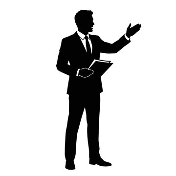 Manager silhouette presents a project report while gesturing toward the empty background area.
