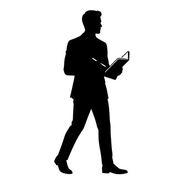 Professional silhouette walks while carrying a clipboard to document important business findings.