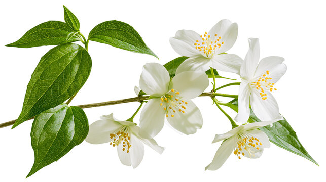 White jasmine flowers and green leaves on branch