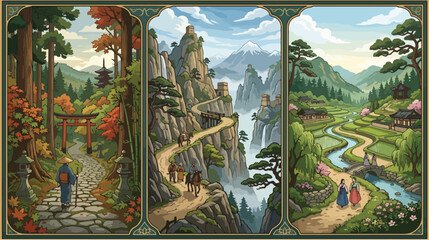 Fototapeta premium Three artistic panels depicting traditional asian landscapes featuring serene mountain vistas ancient stone paths and historic cultural architecture in vibrant colors