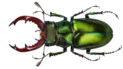 Stag beetle with large red mandibles and metallic green body © Vetle