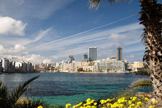 St. Julian's Malta skyline with Mediterranean Sea