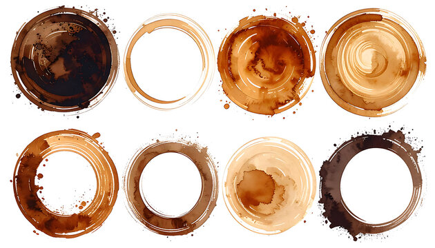 Set of eight isolated coffee cup ring stains, textured brown grunge circles, beverage spills, cafe menu design elements