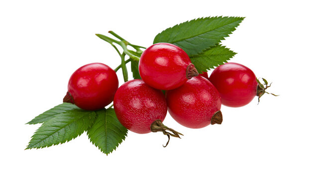 Red rosehip berries with green leaves on white