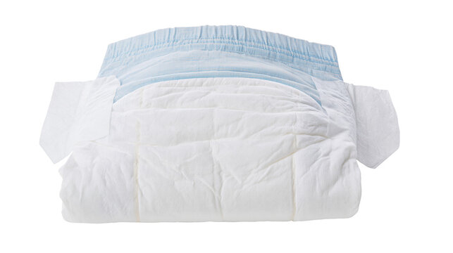 Newborn baby diaper with blue elastic waistband and white absorbent core