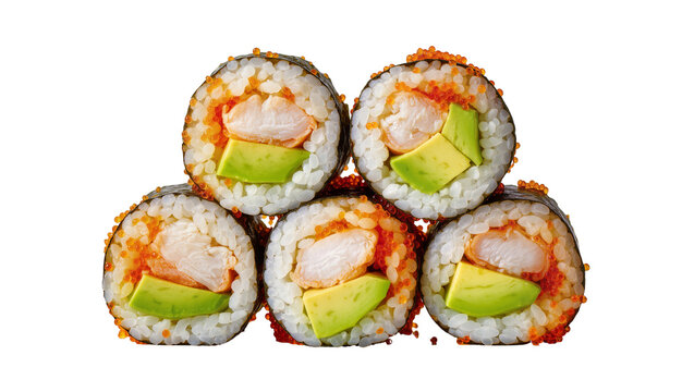Shrimp and avocado sushi rolls with tobiko roe