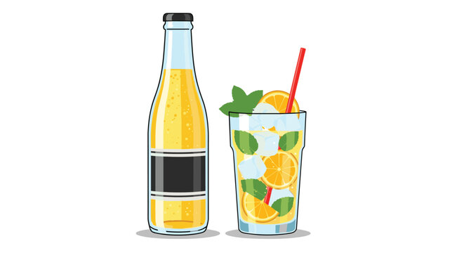 Yellow drink in a clear glass bottle next to a glass filled with ice cubes, citrus slices, mint leaves, and a red straw.
