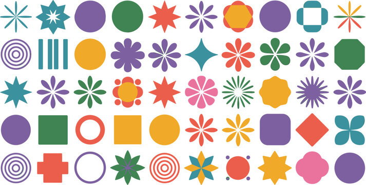 Vibrant seamless geometric and floral pattern grid with colorful abstract shapes, decorative motifs, and symmetrical design elements