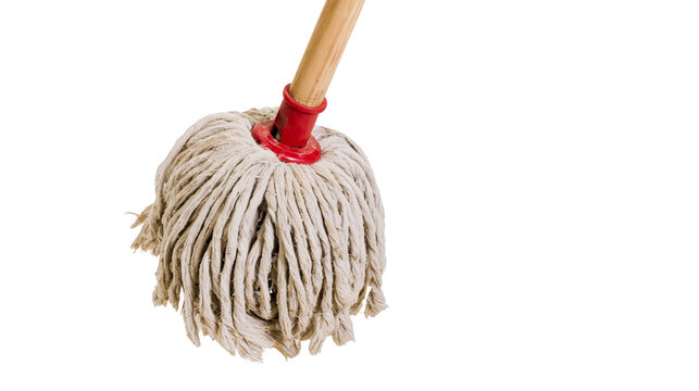 Cotton string mop head with red plastic connector and wooden handle