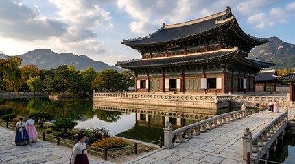 Obraz premium Gyeongbokgung Palace, Seoul: Traditional Korean architecture, serene water reflection, people in Hanbok.