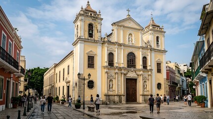 Fototapeta premium Historic Church Facade in Colonial City Street with Pedestrians
