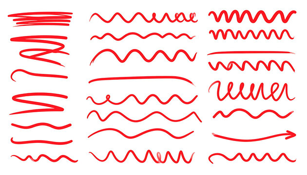 Set of hand drawn red scribbles and wavy line elements for highlighting text and adding emphasis to documents