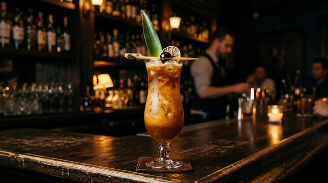 A tropical rum passionfruit daiquiri cocktail on a bar top with a bartender in the background