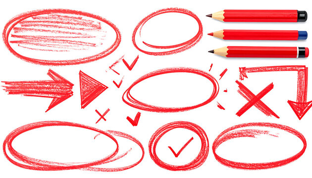 Set of hand drawn red pencil circles, arrows, and check marks for editorial marking and highlighting document edits