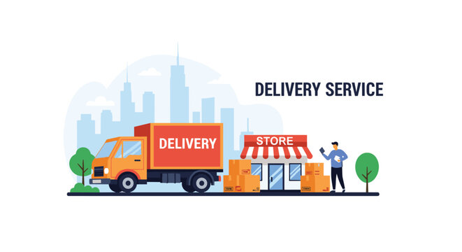 Large orange delivery truck parked in front of a small retail store with a worker managing boxes in a busy city environment.