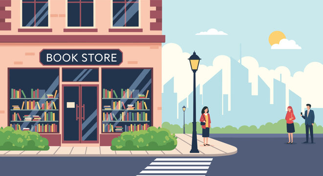 Exterior view of a charming local book store on a city street corner with people walking past and a modern skyline in background.
