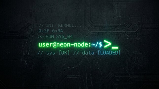 Cyberpunk Hacking Terminal Interface with Green Neon Command Line Text on Dark Circuit Board Background