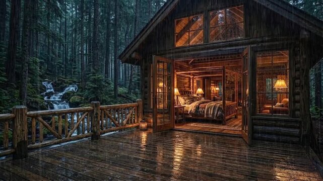 Luxury wooden forest cabin with cozy bedroom and library, rainy evening on terrace, warm ambient lighting, peaceful nature retreat, modern rustic house in woods with rain, tranquil lifestyle scene