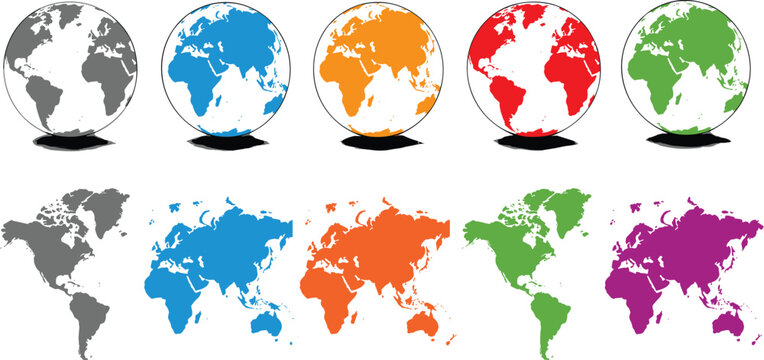 Set of colorful world map silhouettes and 3D globes with grids for global business communication and international travel conceptsonal travel concepts