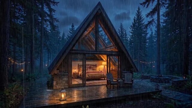 Luxury wooden forest cabin with cozy bedroom and library, rainy evening on terrace, warm ambient lighting, peaceful nature retreat, modern rustic house in woods with rain, tranquil lifestyle scene