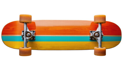 Wooden skateboard with orange teal, and yellow stripes © Vetle