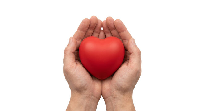 Caring hands holding a red heart symbol for love and compassion