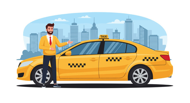 Professional taxi driver in a yellow sweater standing next to his car with a modern city skyline in the background.
