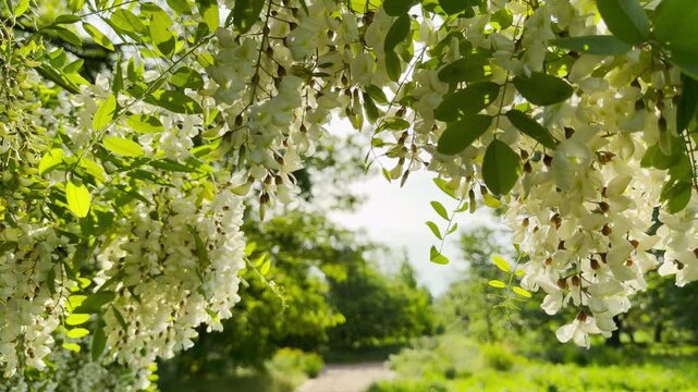 Lush white acacia blossoms hang down from leafy branches. The beautiful flowers frame a peaceful pathway in a sunny park. Soft morning sunlight creates a calm spring view.