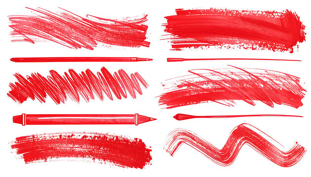 Set of vibrant red crayon hand drawn strokes and scribbles, textured smear elements, crayon marking effect for emphasizing text