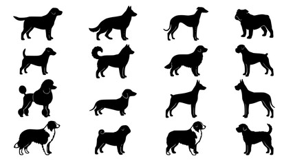 Black Standing Dog Vector Silhouette Set Animal Illustration © Md