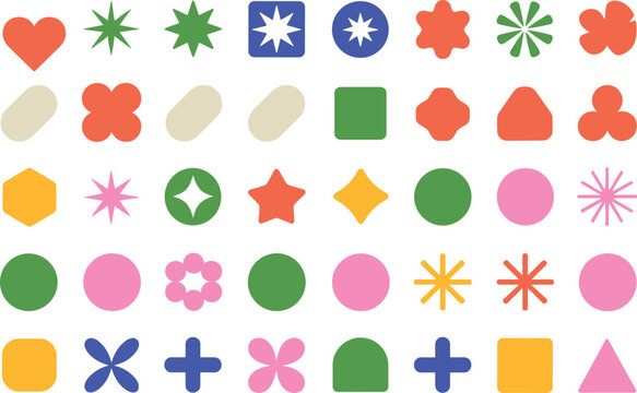 Playful abstract geometric vector pattern with colorful hearts, stars, circles, and modern decorative design elements