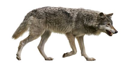 Gray wolf walking with mouth open showing teeth © Gael