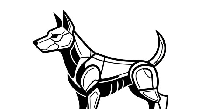 Stylized mechanical robot dog black and white line art.