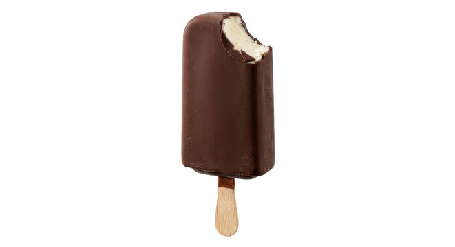 Chocolate covered ice cream bar with a bite taken out, isolated on white