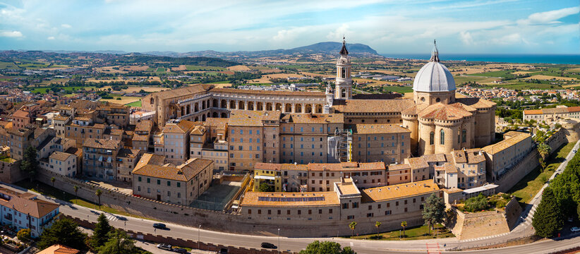 Loreto Aerial Drone View Marche Italy Magnificent Basilica with Iconic Dome and Historic Medieval Walls Stunning Panoramic Vista with Adriatic Sea Background Religious Landmark Scenic Landscape 