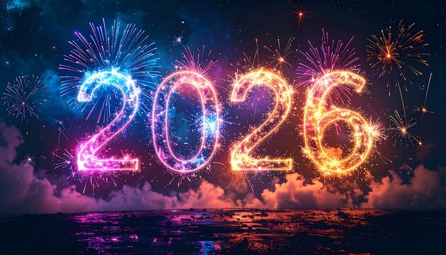 A vibrant nighttime scene with fireworks exploding behind illuminated '2026' over water