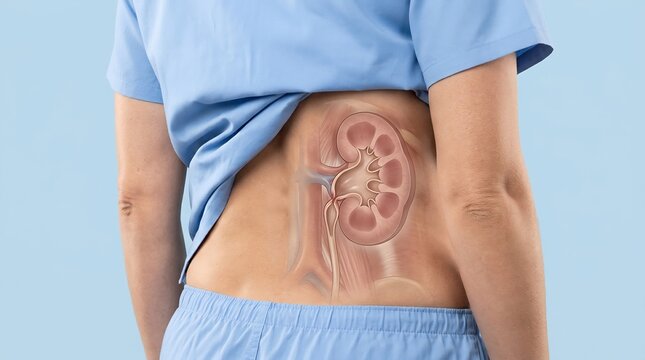 Medical illustration of kidney obstruction with transparent skin view on person in blue scrubs