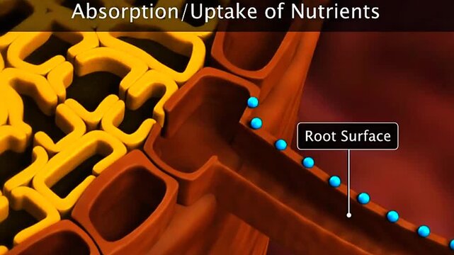 3D animation showing absorption of water and mineral nutrients by plant roots through root hairs.