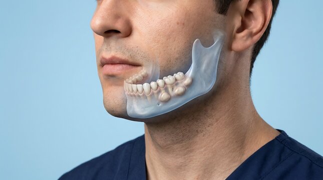 Medical 3D illustration of an adult man's profile featuring a semi-transparent lower jaw with dental anatomy and a bony growth on the mandible