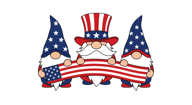 Patriotic 4th of July gnomes holding American flag, Independence Day garden tomte vector, red white and blue USA holiday characters