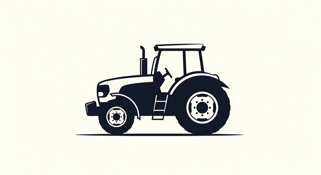 A black silhouette of a tractor with a large rear wheel and small front wheel on a white background