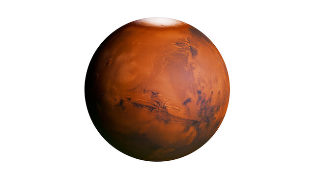 Red planet Mars with visible surface details and polar ice cap