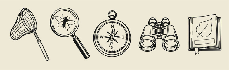 Nature exploration study tools set featuring butterfly net magnifying glass compass binoculars and field notebook hand drawn vector illustration art design collection for outdoor adventure research  © Afiya bano