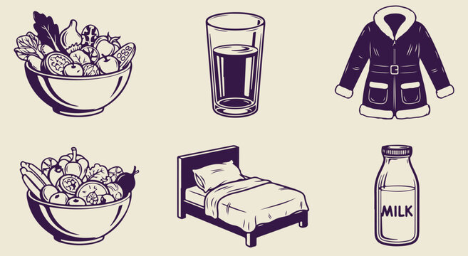Daily basic needs icons set featuring salad bowl water glass pajamas bed and milk bottle hand drawn vector illustration art design set for nutrition sleep hygiene wellness lifestyle
