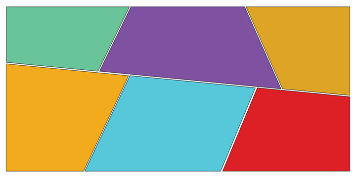 Empty comic book page layout with colorful panels. Blank storyboard template with dynamic grid for manga and pop art design