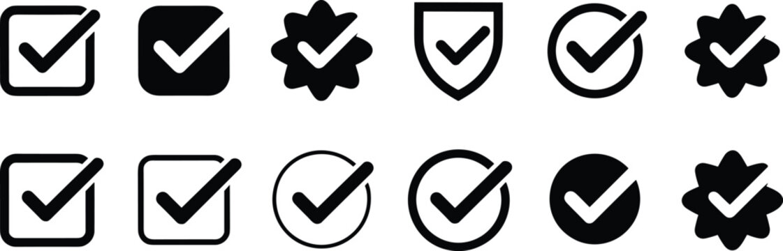 Collection of modern checkmark icons in various shapes including circles, squares, shields, and starburst vector designs