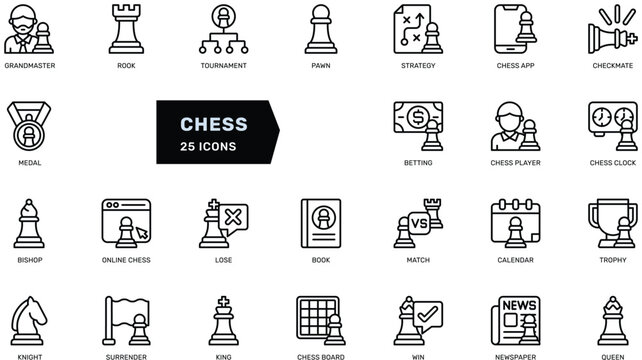 Chess board game competition piece check king detailed outline line icon set