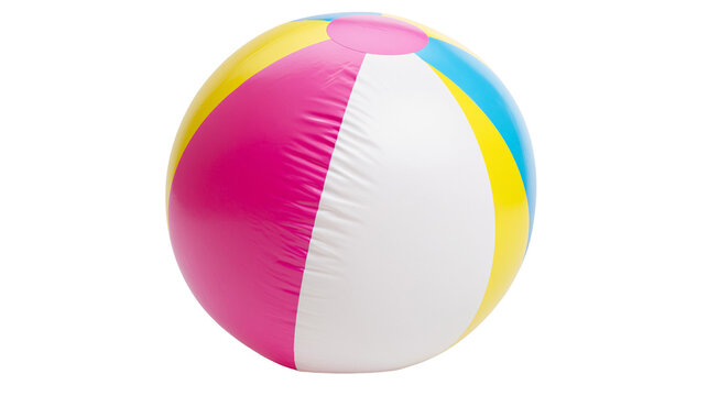 Colorful inflatable beach ball with pink yellow white, and blue panels