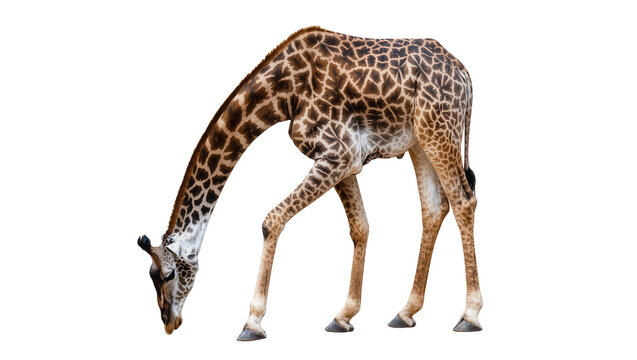 Giraffe with patterned fur bending down to drink or eat